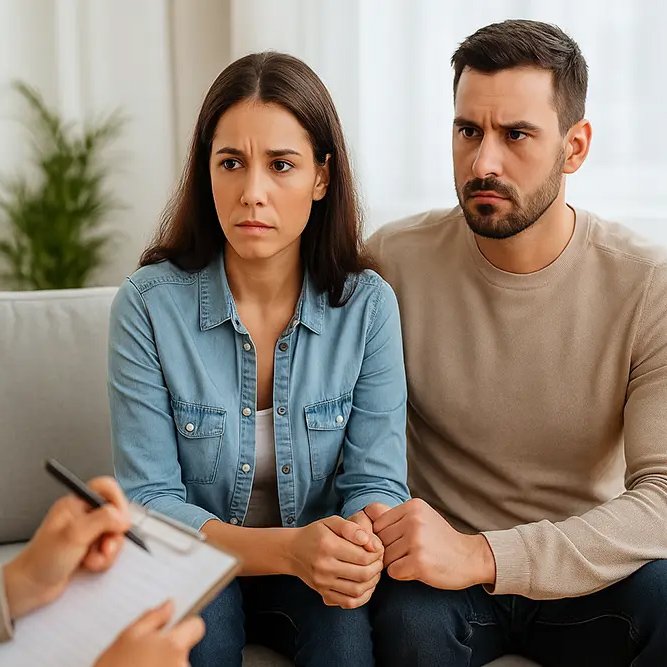 Couple sitting together during a counseling session, showing concern and engagement, with a therapist's hand and notepad visible in the foreground, representing personalized mental health support at Sunshine State Counseling Center.