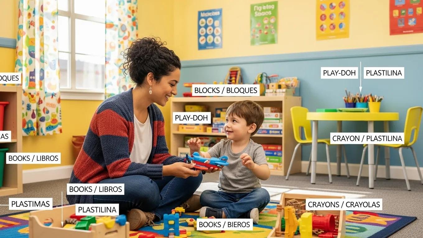Bilingual therapist engaging with a child in a culturally sensitive play therapy session