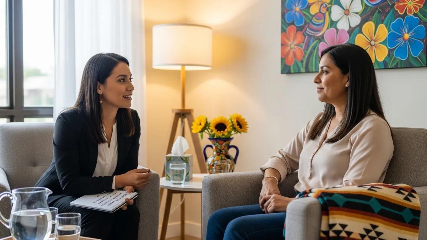 Bilingual therapist providing postpartum counseling in English and Spanish to a Hispanic mother, emphasizing culturally sensitive care