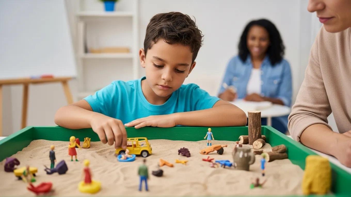 Child engaged in sand tray therapy, showcasing emotional expression and therapeutic benefits