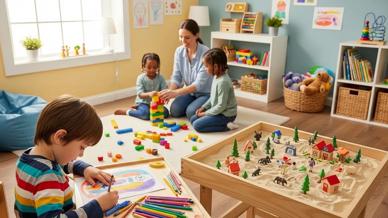 Child using art supplies and sand tray in play therapy session