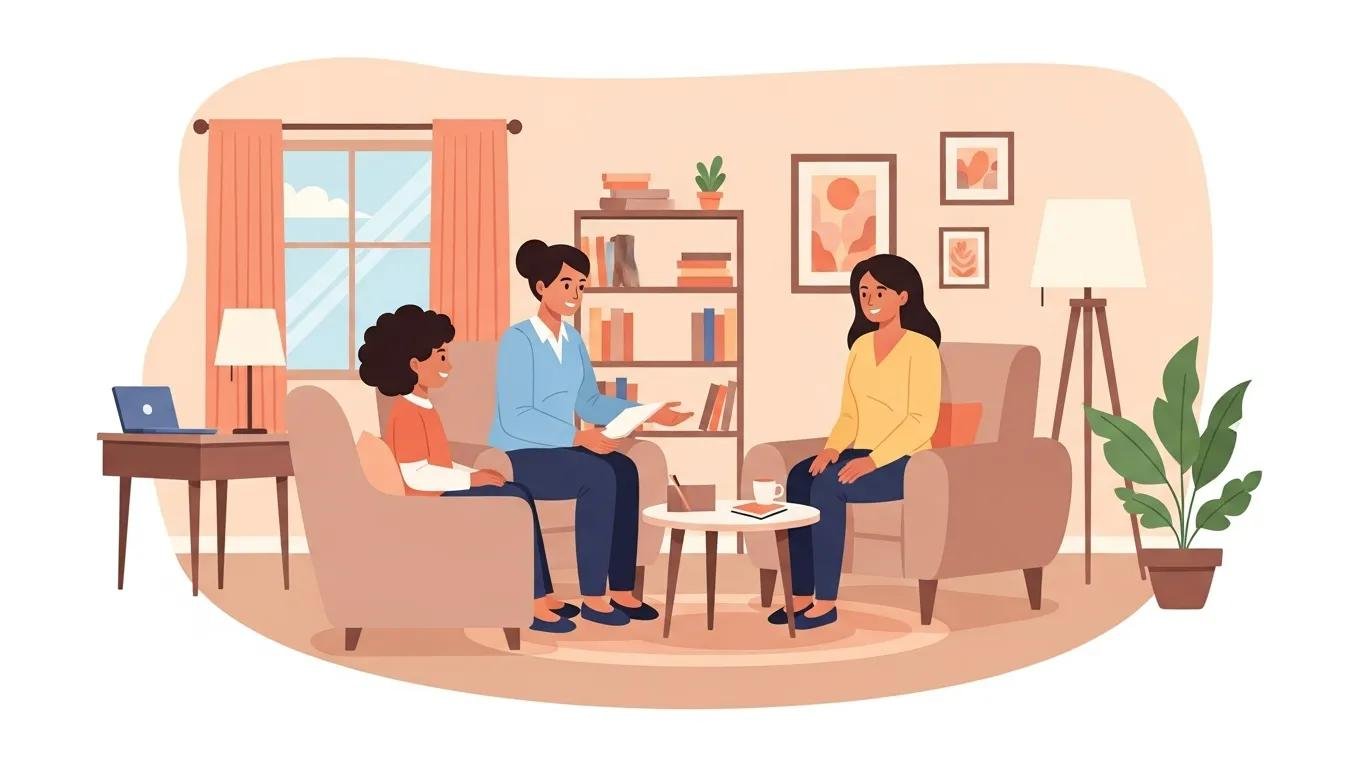 Supportive therapy session for adult ADHD, showcasing a client and therapist in a comfortable office