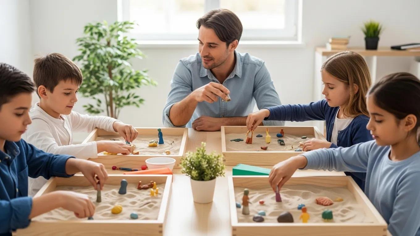 Group sand tray therapy session for children, highlighting emotional development and collaboration