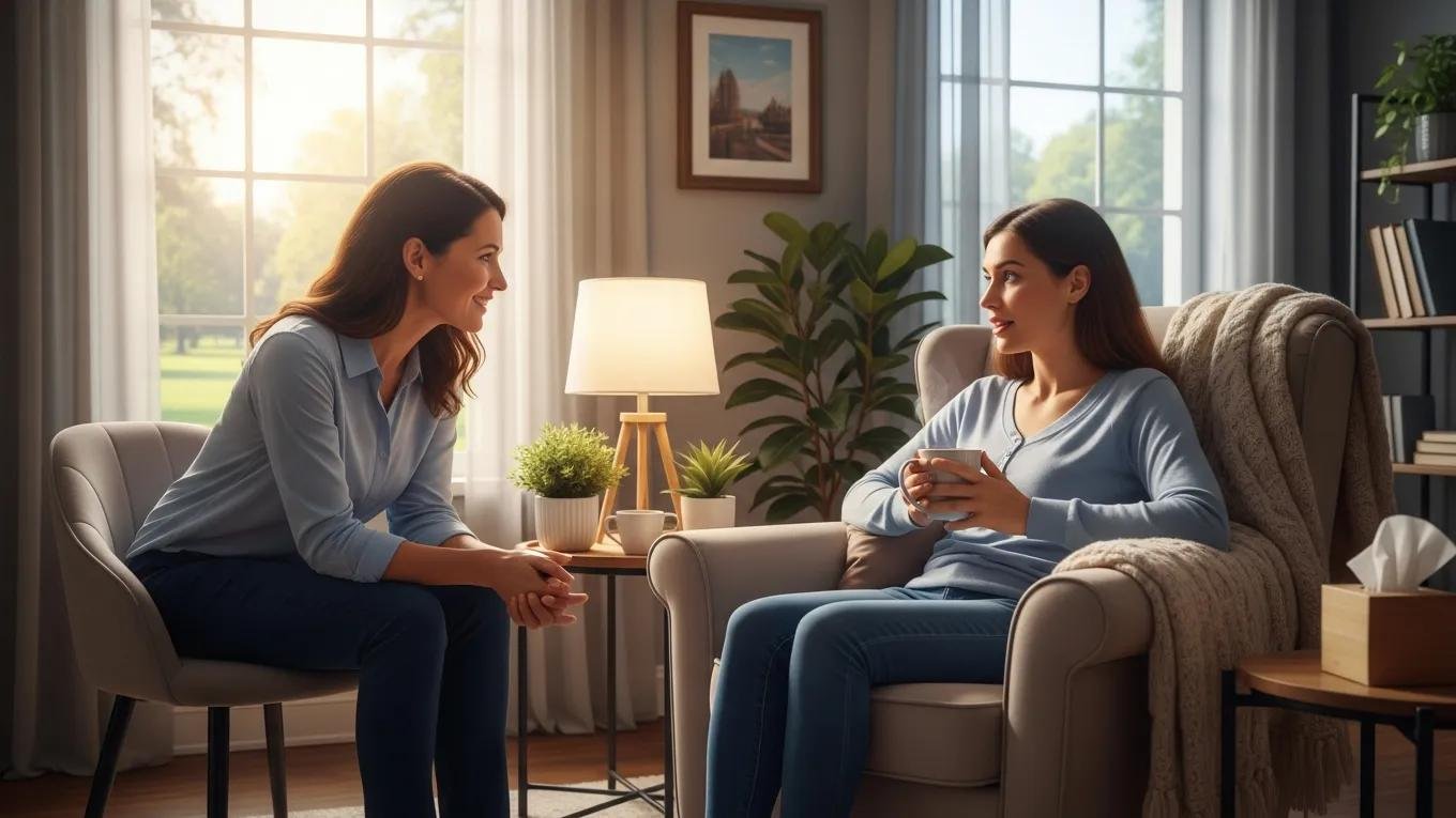 Therapist providing supportive counseling to a new mother, highlighting therapeutic approaches for postpartum depression