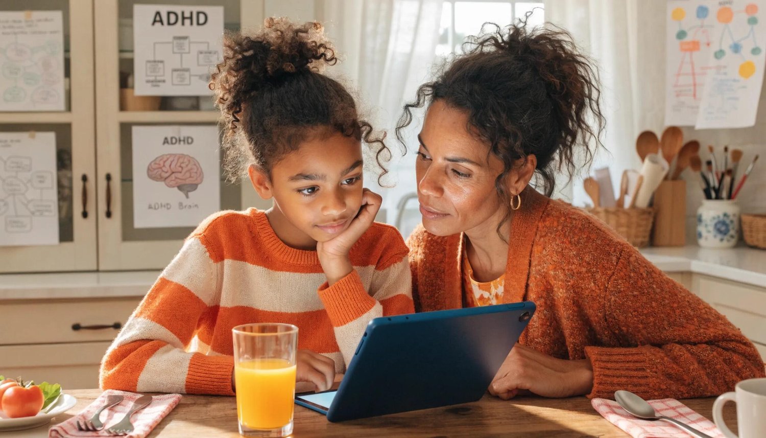 Parent and child engaged in discussion about ADHD support using a tablet, highlighting the importance of understanding and collaboration.