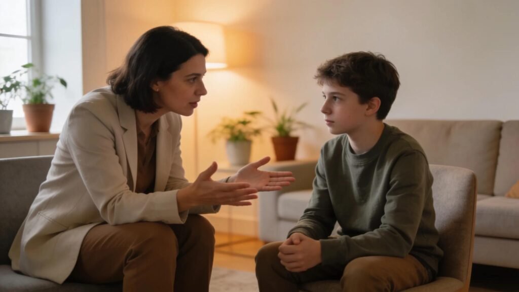Teen receiving anxiety support from therapist in therapy room