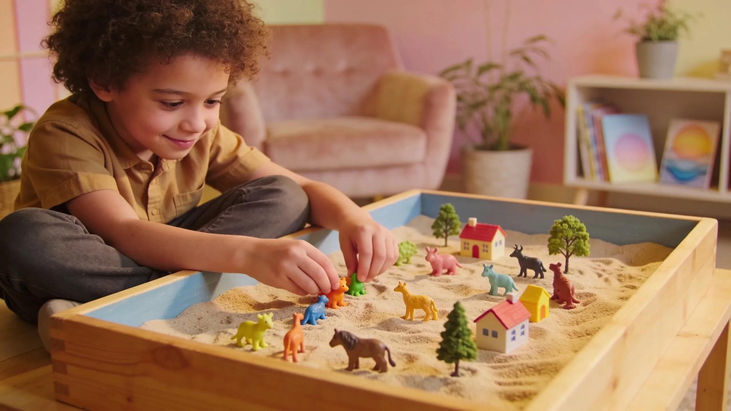 Child engaging with a sand tray therapy session, showcasing the therapeutic environment