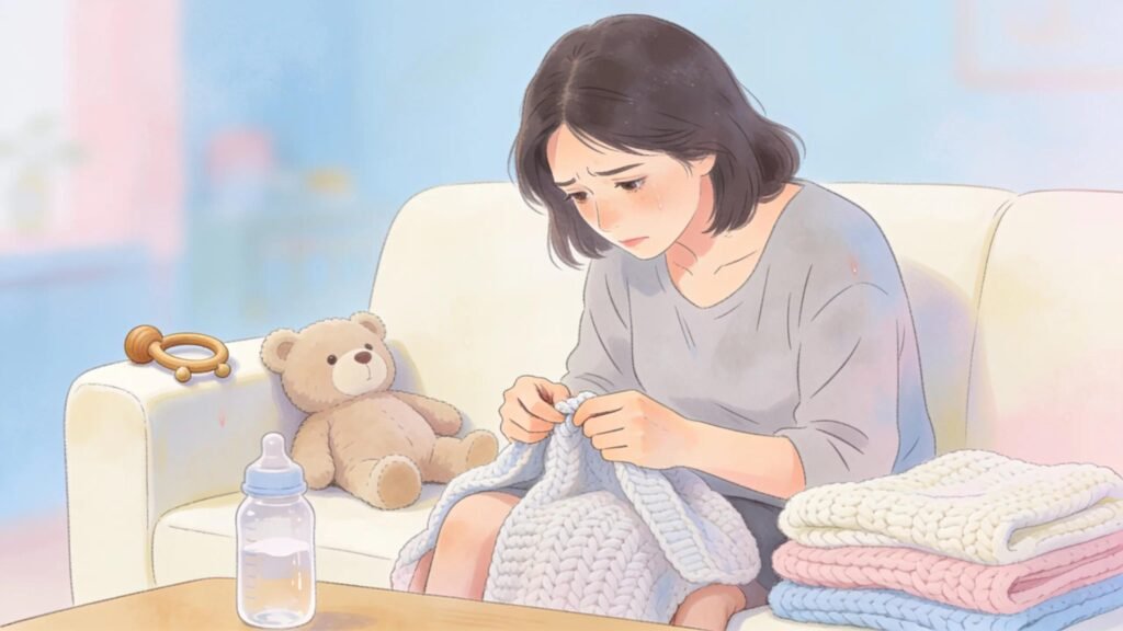 Mother reflecting on her feelings amidst baby accessories, representing the baby blues