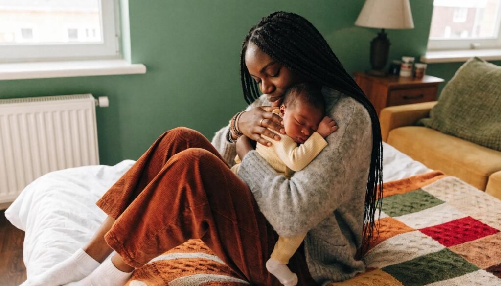 Mother embracing her newborn, symbolizing the emotional journey of new motherhood