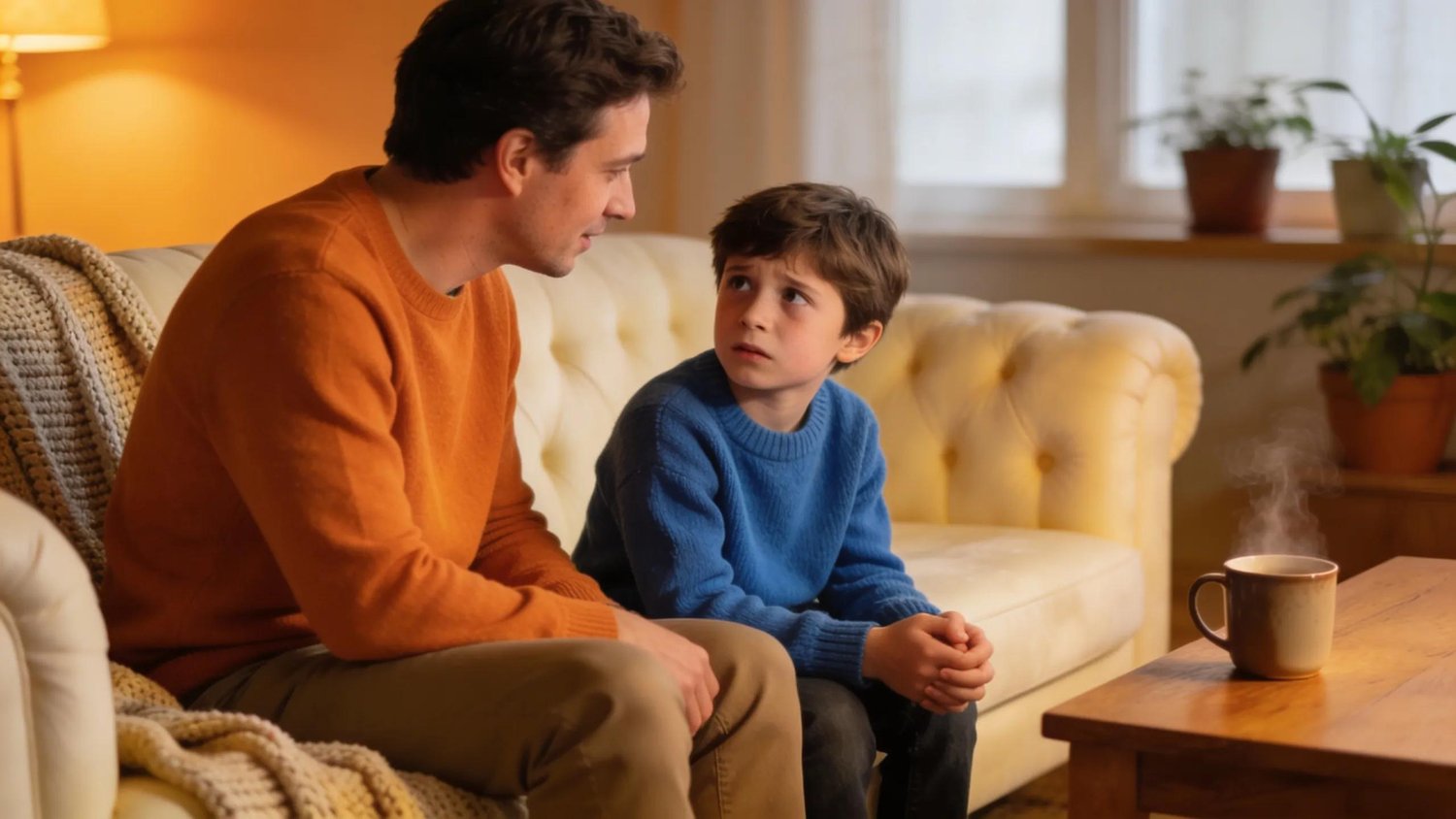 Parent comforts child expressing anxiety in a cozy living room