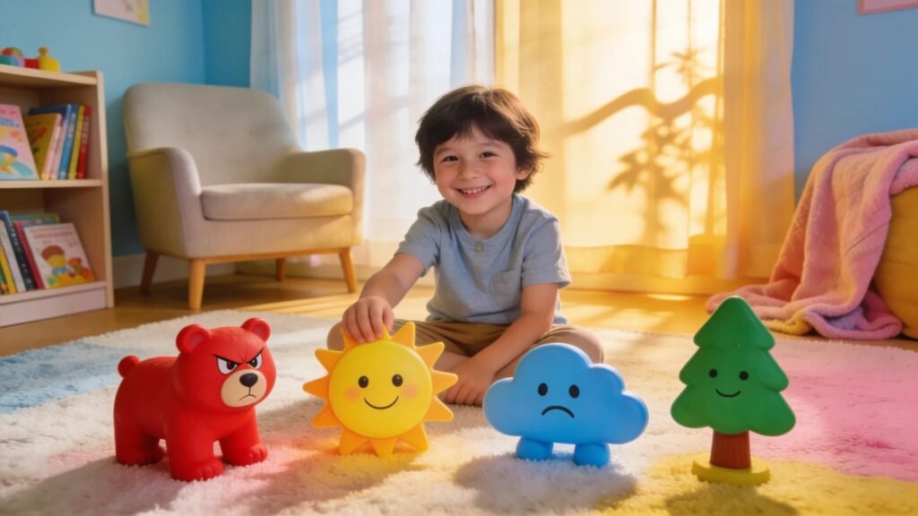 Child engaged in play therapy with colorful toys, highlighting the emotional healing through play