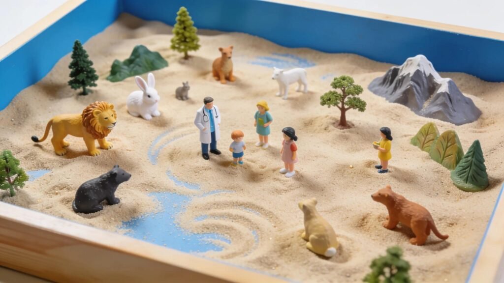 Overhead view of a sand tray with miniatures, illustrating the tools used in sand tray therapy