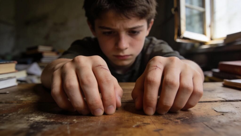 Close-up of a concerned teenager's hands showing signs of emotional distress, emphasizing the need for urgent counseling support.