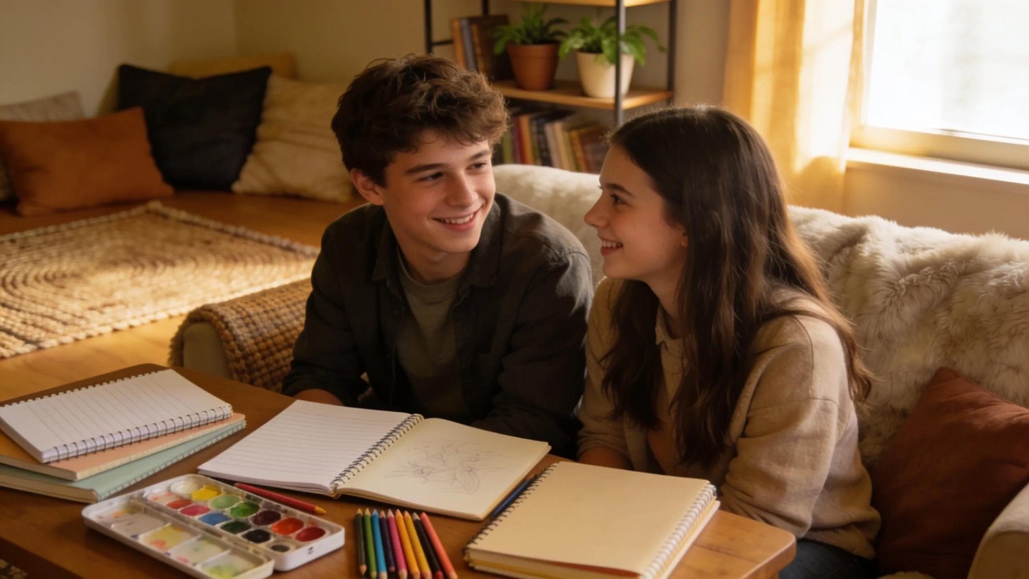 A comfortable setting where a teen boy and girl engage in conversation, representing the supportive environment of Sunshine State Counseling Center.