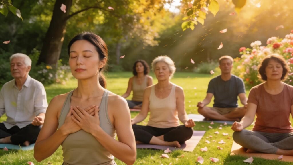 Participants practicing mindfulness through yoga in a tranquil outdoor setting