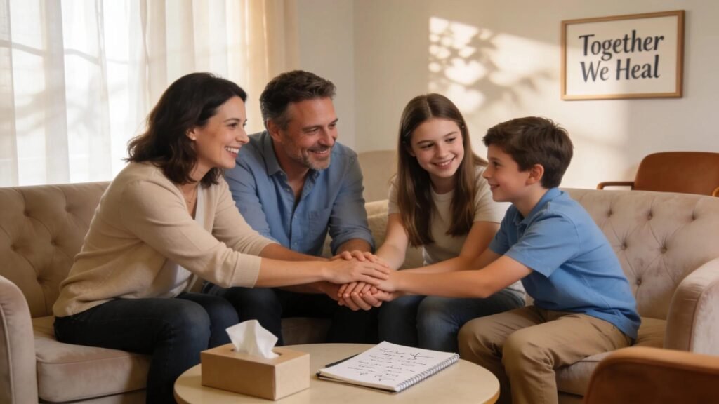 Family in a counseling session, illustrating the emotional healing benefits of EMDR and Play Therapy for families