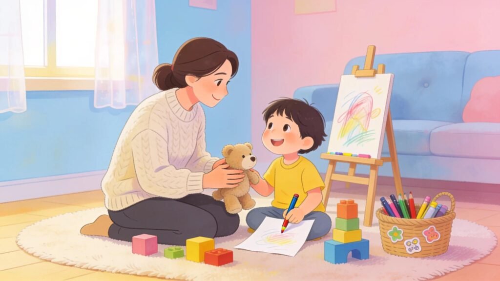Therapist conducting play therapy with a child, promoting emotional expression