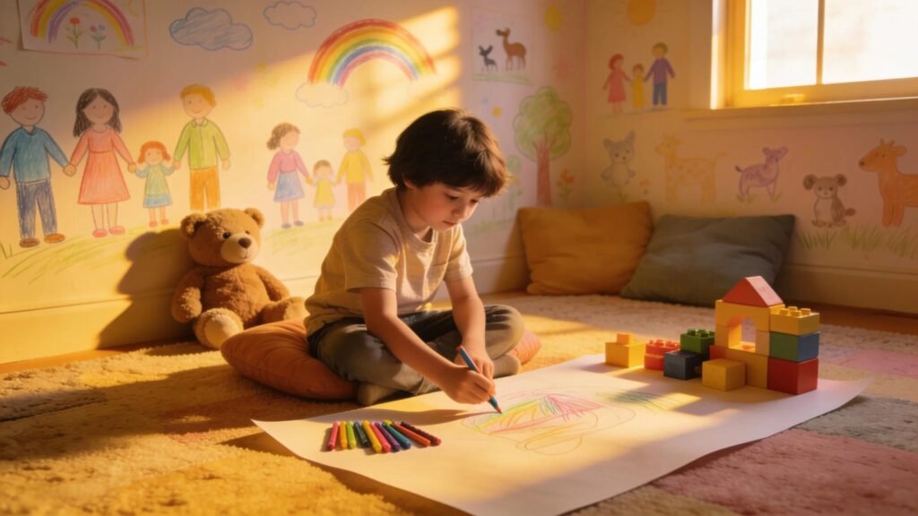 Child participating in Play Therapy, using art supplies to express emotions, emphasizing therapeutic techniques