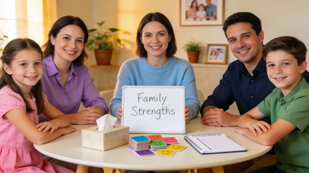 Family counseling session with therapist facilitating open communication among family members