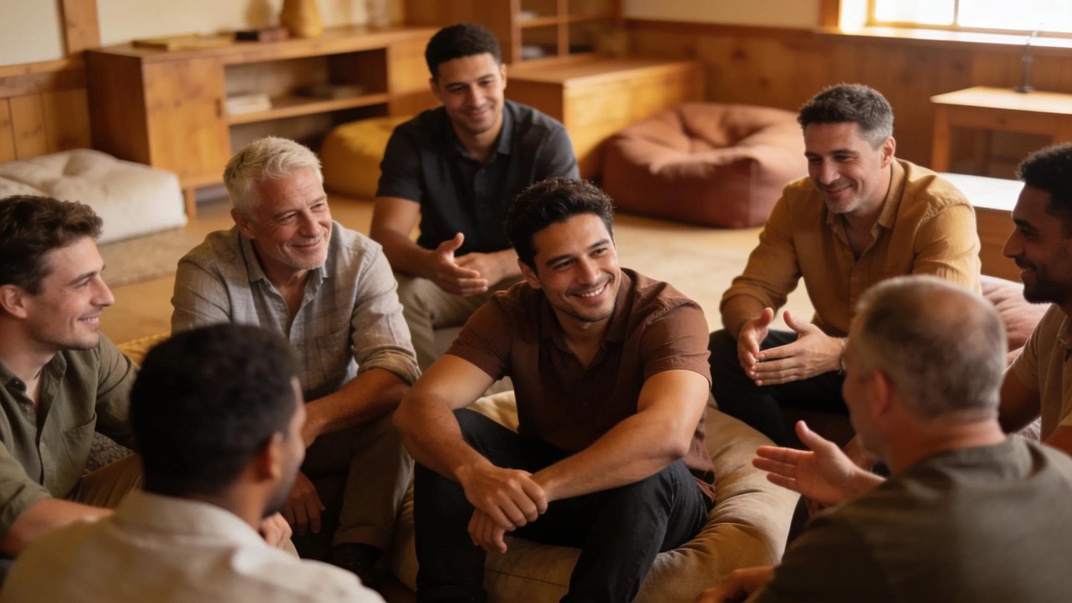 Diverse men in a supportive setting discussing mental health, highlighting the importance of seeking help