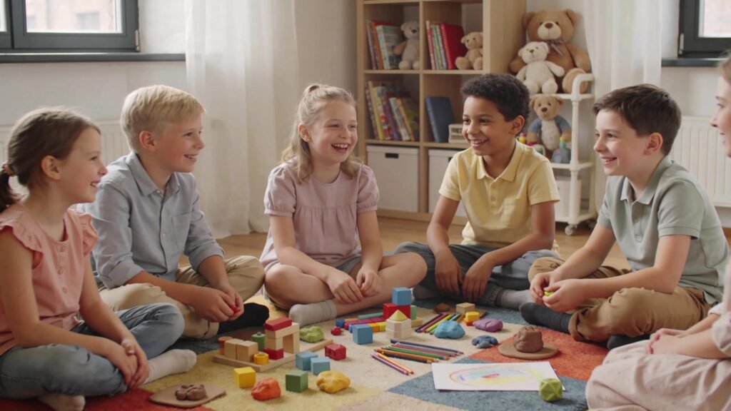Children participating in play therapy, illustrating emotional expression through creative play techniques