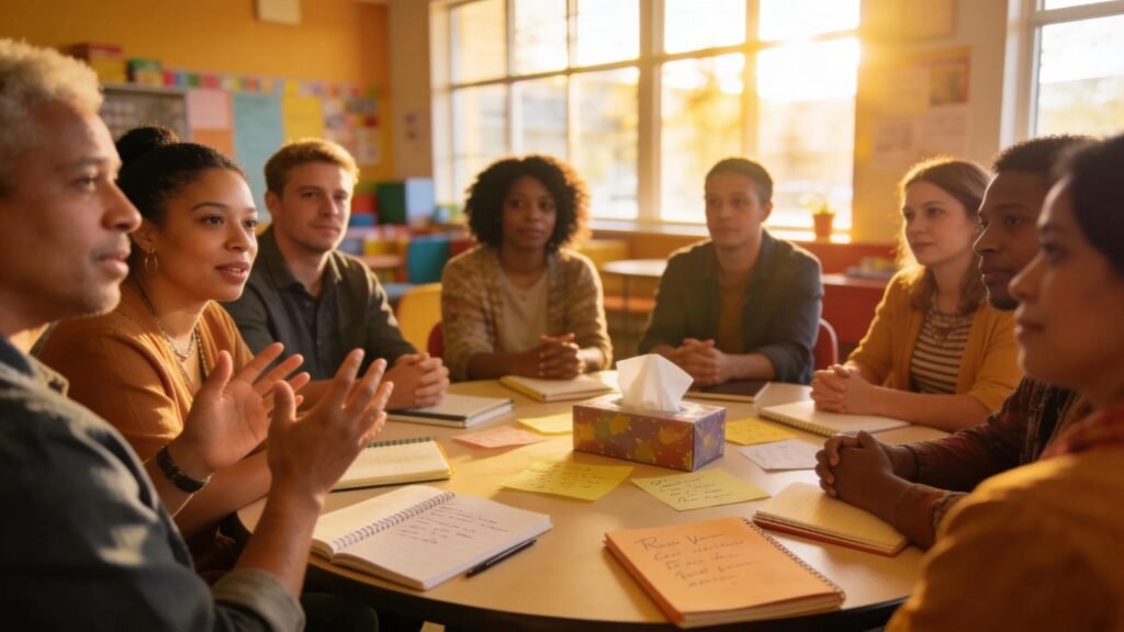 Participants sharing experiences in a community grief support workshop