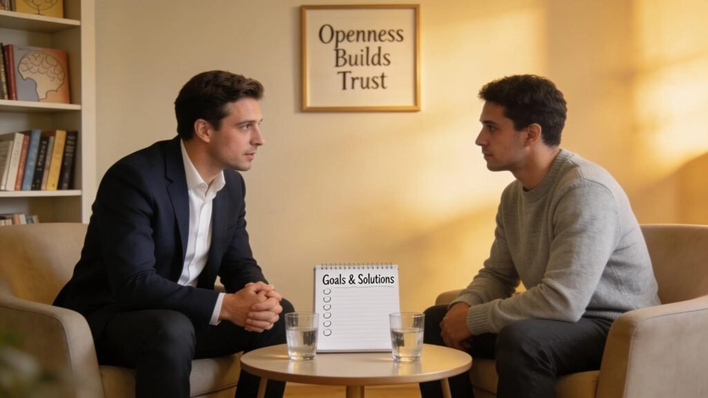 A male therapist guiding a male client in a supportive therapy session, highlighting the direct approach of men's counseling
