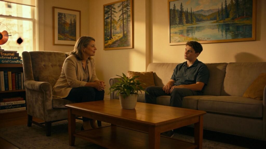Therapist and client engaged in trauma-informed care discussion in a cozy office