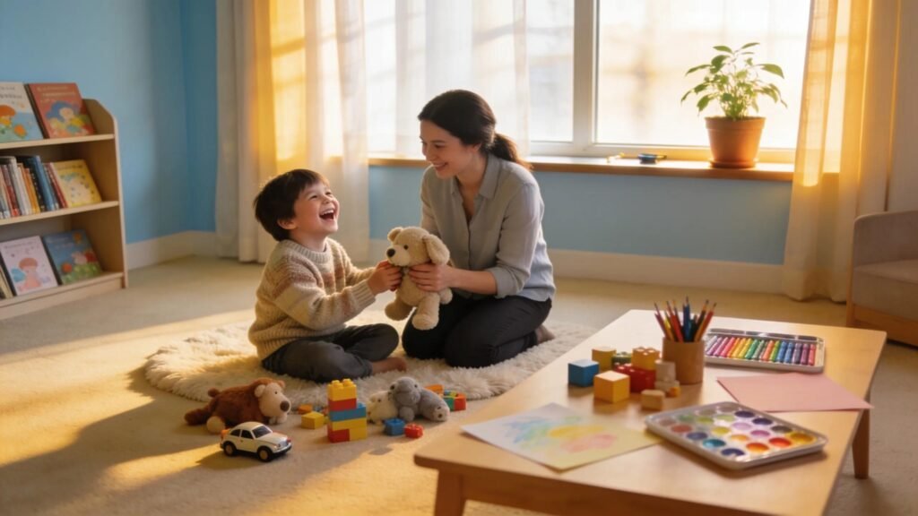 Therapy session with a child and therapist engaged in play, symbolizing EMDR and Play Therapy benefits for emotional healing