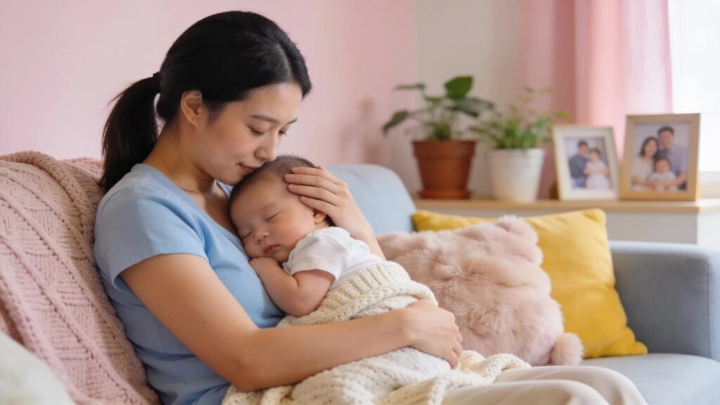 New mother embracing her baby in a cozy home environment, emphasizing postpartum support