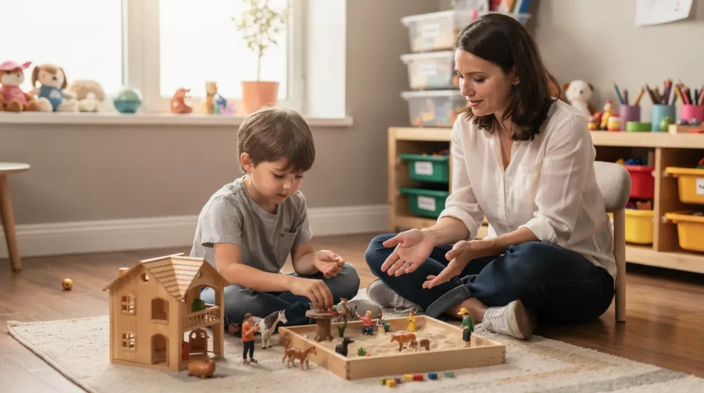 Play therapy helps children express emotions, process experiences, and build problem-solving skills through guided play