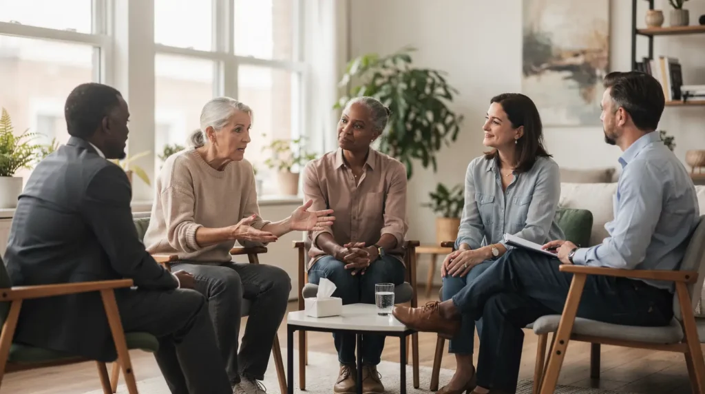 Licensed therapists facilitate group sessions that typically run one to two hours.; Hearing from fellow